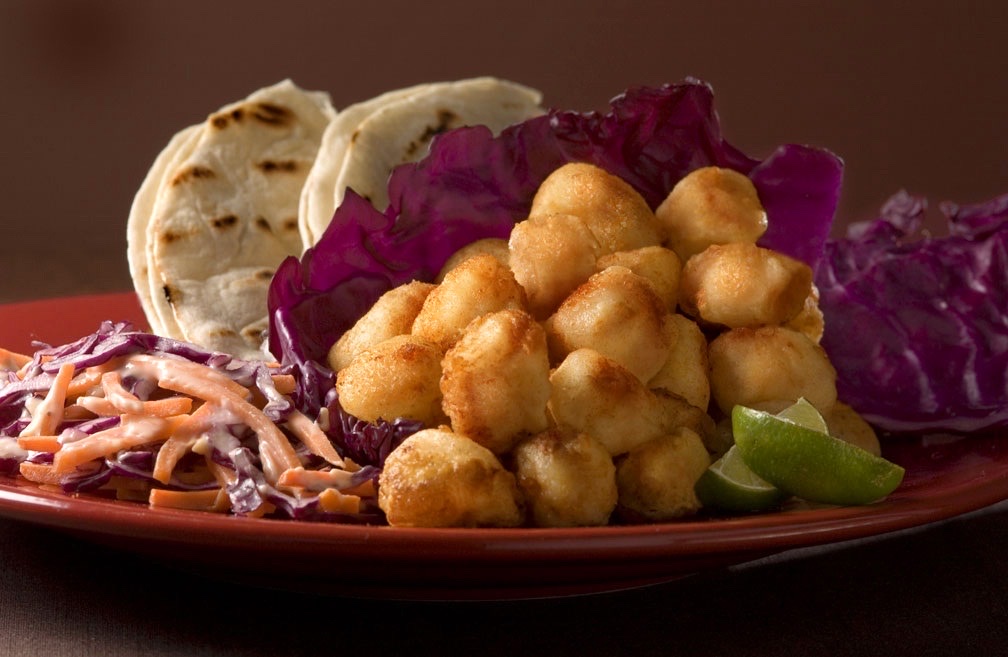 Baja Taquitos — flash-fried day-boat scallops with red cabbage, creamy slaw, lime and grilled tortillas